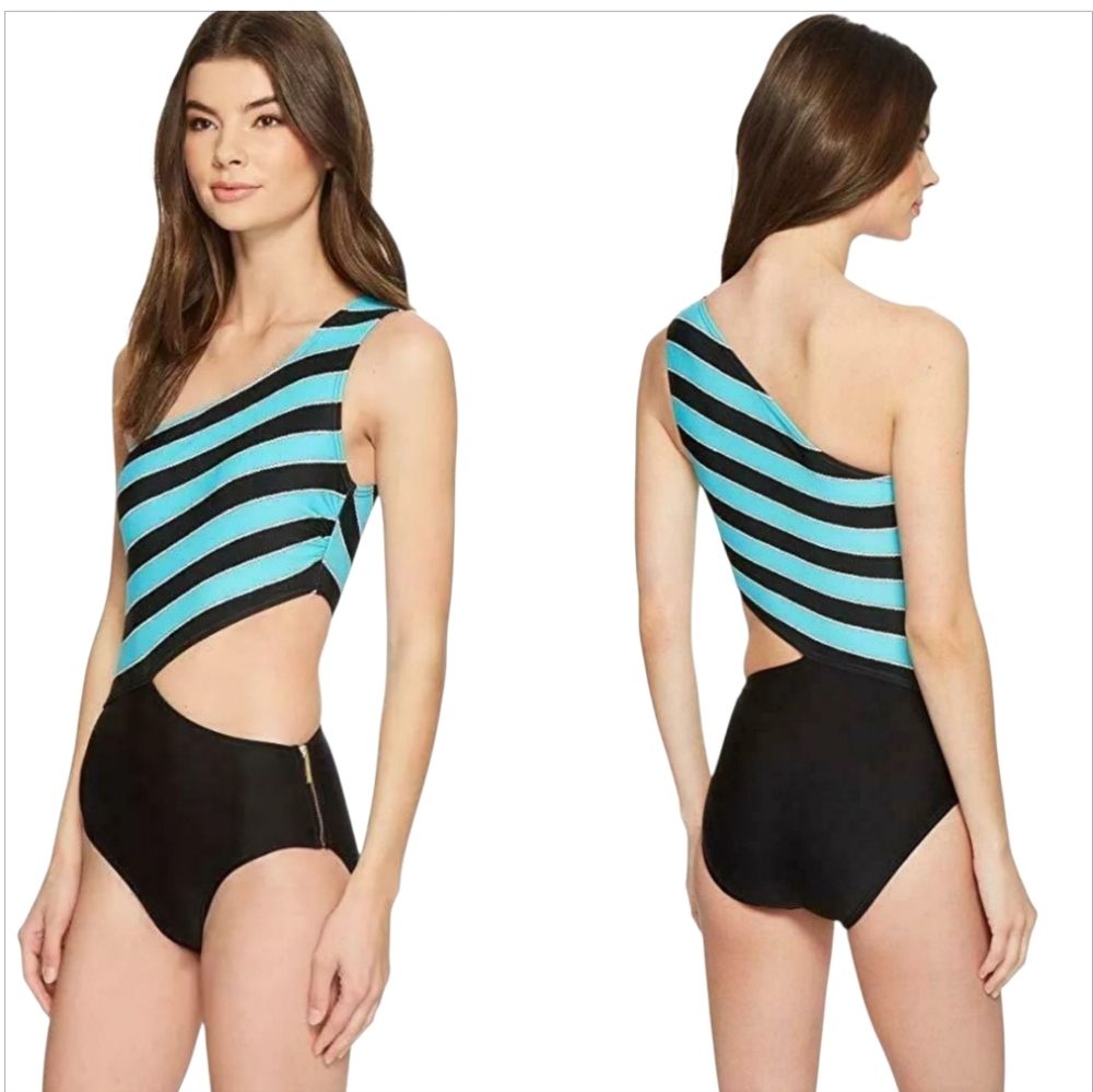 NWT MICHAEL Michael Kors Rope Rugby Stripe One Shoulder Cut Out One Piece 4 - Picture 3 of 9